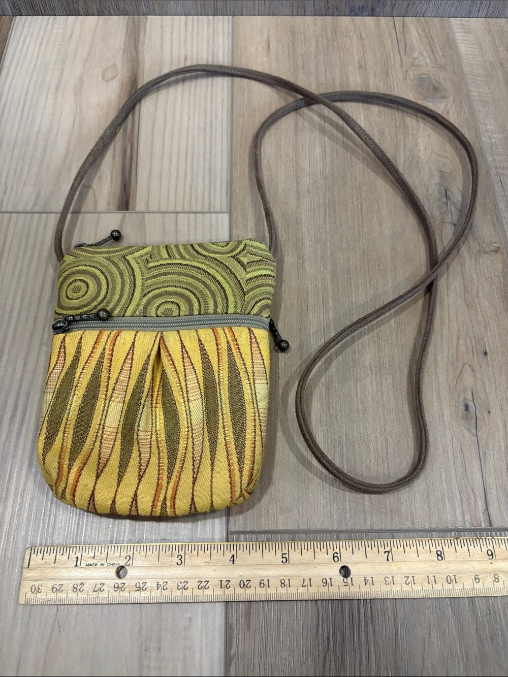 Maruca Handmade Tapestry Small Zip Crossbody Bag in Yellow Green Pattern